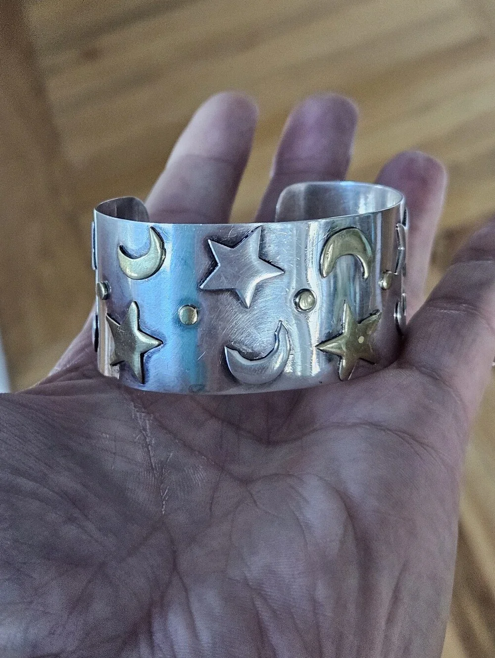 Vintage Taxco Sterling Two-Tone Celestial Cuff Bracelet Silver & Gold Moon Star